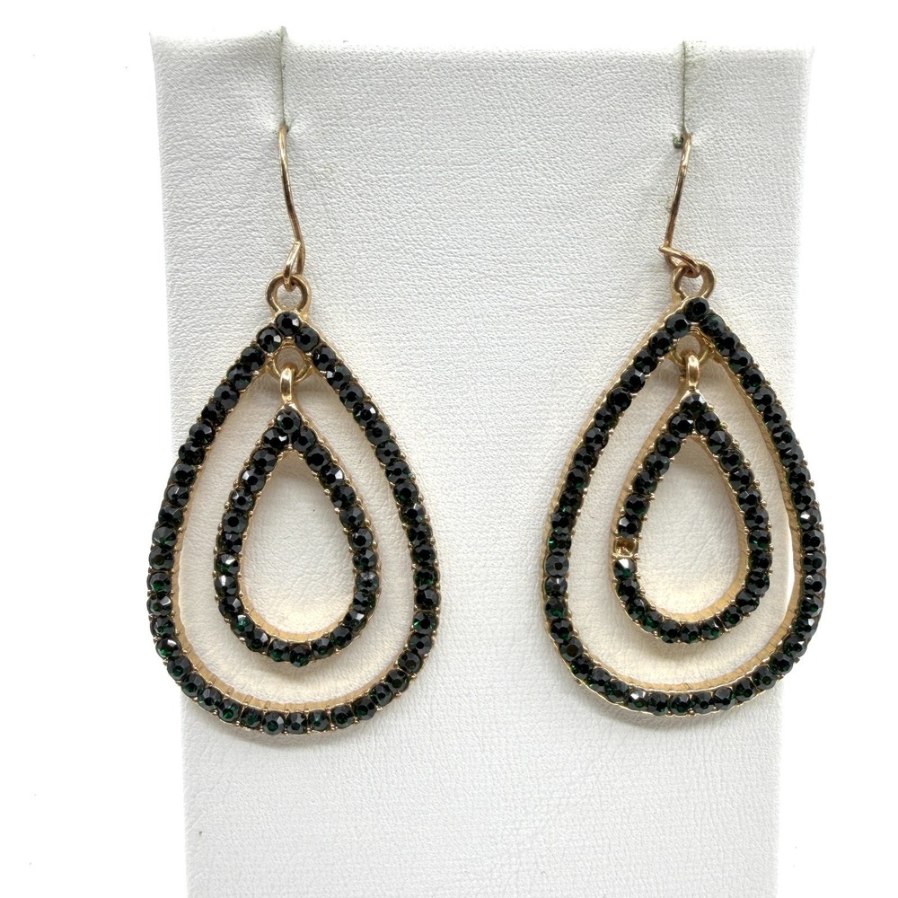 Gold Tone Double Teardrop Earrings with Green Crystal - Y2K Statement